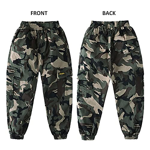 Rolanko Pantalones Cargo De Camuflaje para Niños, Corredores De Algodón con Múltiples Bolsillos y Cintura Elástica para Niños, Camuflaje, Tamaño De La Etiqueta: 160