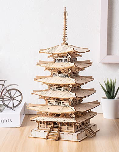 Rolife Madera Puzzle 3D Torre Pagoda de Cinco Pisos Maquetas para Montar para Construir Adultos Niñas Gatto fortunato, Five-storied Pagoda