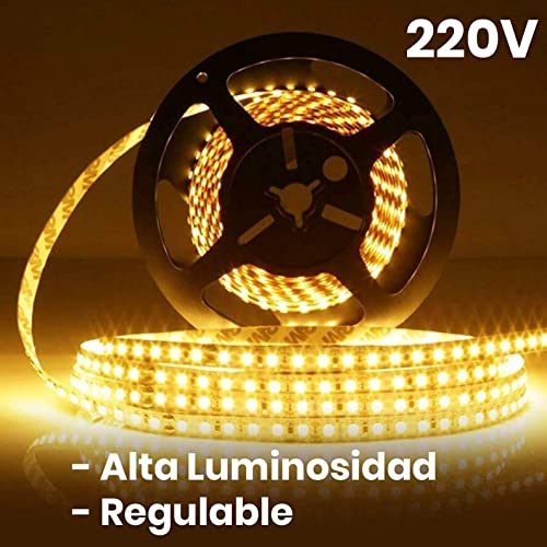 Rollo de 5 metros de Tira de Luz LED Directa a 220v, Color Blanco Cálido (3000K), Impermeable, Corte cada 10cm