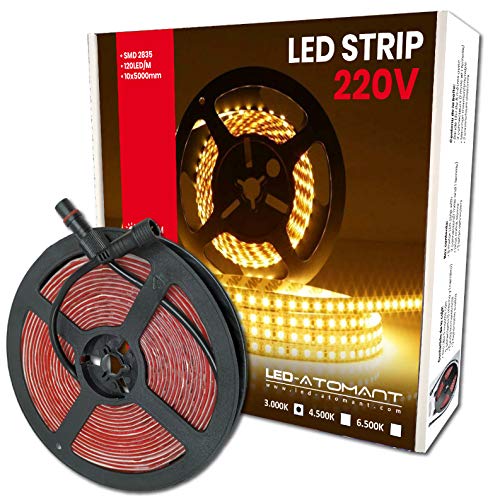 Rollo de 5 metros de Tira de Luz LED Directa a 220v, Color Blanco Cálido (3000K), Impermeable, Corte cada 10cm