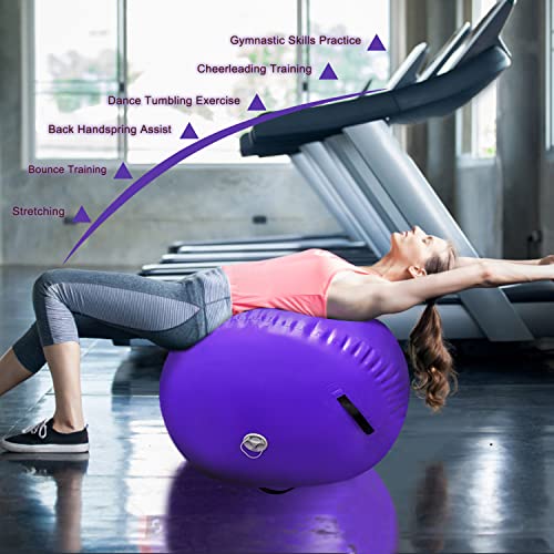 Rollo de aire de gimnasia inflable para entrenamiento de gimnasia, cilindro, barril de aire, rodillo de yoga con bomba (violeta, 100 x 60 cm)