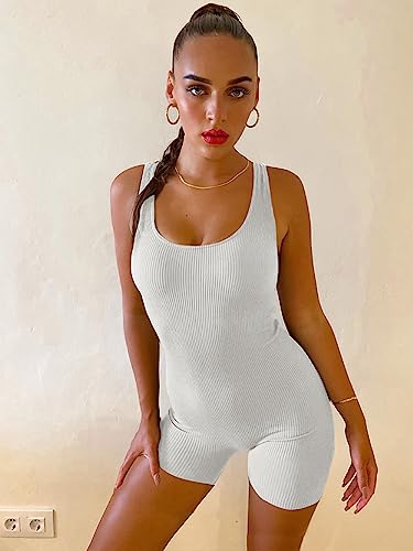 Rongseng Mono Mujer Corto Monos Deportivos Sin Mangas con Cuello Cuadrado Sexy Una Pieza Yoga jumpsuit Elastico Ribbed Tank Top Casual Elegante Verano Ropa