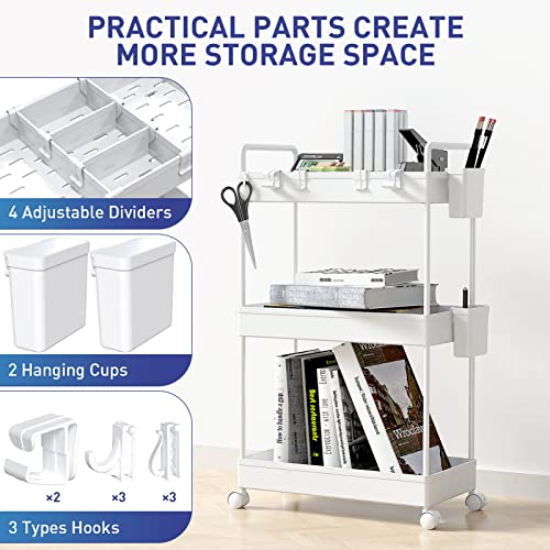 Ronlap Carrito de Almacenamiento Estrecho con Ruedas (3 Niveles), Carrito de organización, Cesta de Malla con Asas ergonómicas, Blanco, 22 x 40 x 66 cm