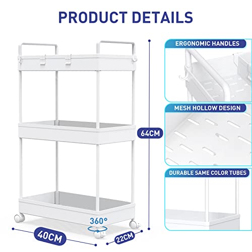 Ronlap Carrito de Almacenamiento Estrecho con Ruedas (3 Niveles), Carrito de organización, Cesta de Malla con Asas ergonómicas, Blanco, 22 x 40 x 66 cm