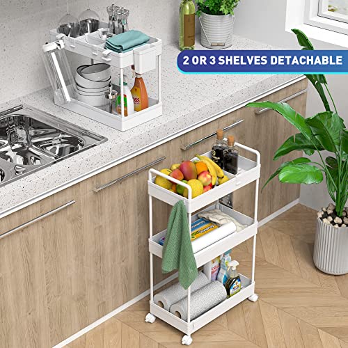 Ronlap Carrito de Almacenamiento Estrecho con Ruedas (3 Niveles), Carrito de organización, Cesta de Malla con Asas ergonómicas, Blanco, 22 x 40 x 66 cm