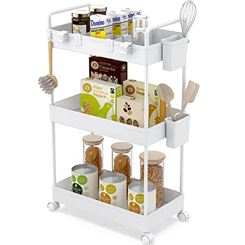 Ronlap Carrito de Almacenamiento Estrecho con Ruedas (3 Niveles), Carrito de organización, Cesta de Malla con Asas ergonómicas, Blanco, 22 x 40 x 66 cm