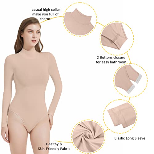 RoomTour Body elegante de manga larga para mujer, bodys para mujer, body, con cierre alto, elegante, 1-Nude, XS