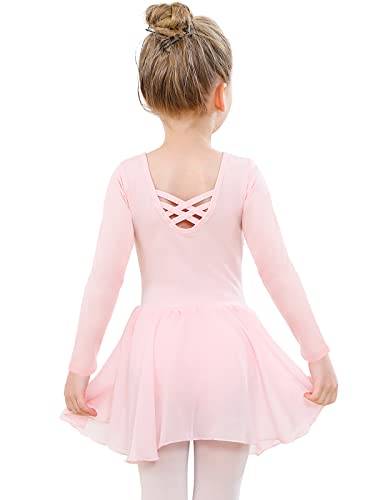 Ropa de ballet para niña, algodón, vestido de ballet, camiseta de manga corta, vestido de baile, body con falda de gasa, Rosa Manga Larga, 120 cm