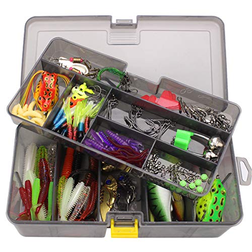 RoseFlower 168 Piezas Kits de señuelos para Pesca Cebos Artificiales de Pesca Cebo Duros/Suaves Incluye Ranas, Giratorios, Cuchara, Anzuelos - Pesca Accesorios para Pesca de Trucha, Bagre y Lucio