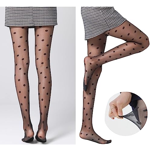 ROSVAJFY 2 Pares Pantimedias de Lunares Mujer Medias Sexy Lencería, Pantimedias Transparentes de Cintura Alta, Pantimedias Fantasía Elástico Malla Calcetines Medias