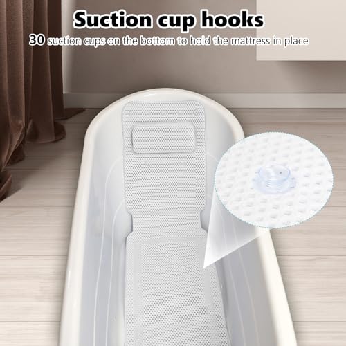 ROTRES Alfombra Bañera para Todo El Cuerpo Antideslizante con Reposacabezas Banera,con Tejido Airmesh 3D y Ventosas,Blanco SPA Suave Alfombrilla,Cuello de Bañera y Soporte para La Espalda（125x36cm）