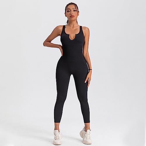 RPAEOY Mono Deportivo Mujer de Bajo Cuello En V Sin Mangas Tank Ajustado Jumpsuit Yoga Acanalado Camisetas Verano Overol Largo Monos de Gimnasio Ejercicio Negro XL