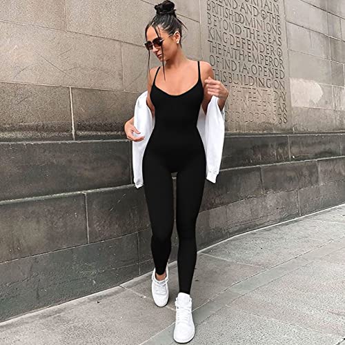 RPAEOY Mujer Deportivo Mono Largo Ajustado Jumpsuit Elástico De Espaquetis Sexy Bodysuit Da Una Pieza Sin Mangas Mono Acanalados Romper Para Yoga Gym Jogging Fitness Negro S