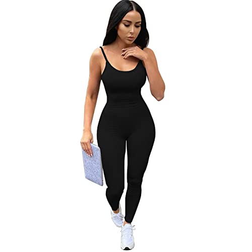 RPAEOY Mujer Deportivo Mono Largo Ajustado Jumpsuit Elástico De Espaquetis Sexy Bodysuit Da Una Pieza Sin Mangas Mono Acanalados Romper Para Yoga Gym Jogging Fitness Negro S