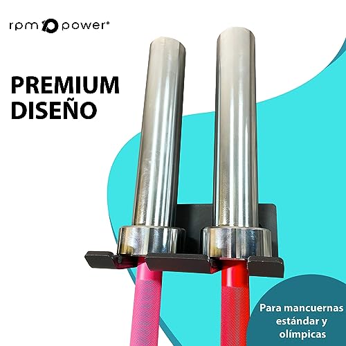 RPM Power Soporte para barra – Almacenamiento vertical de pared para barras olímpicas – Estante vertical para colgar pesas y soporte de barra montado en la pared (2 barras verticales montadas en la