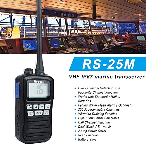 RS-25M VHF Radio marina impermeable IP-X7 156-162MHz Banda Transceptor marino profesional Walkie Talkie Radio bidireccional de mano de 16 canales con cargador de batería para pesca en barco