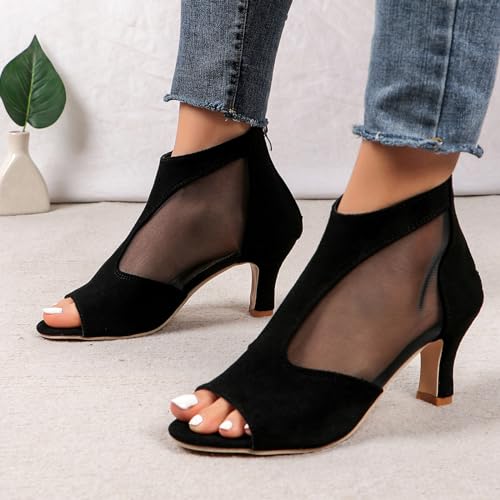 RTPR Sandalias de tacón alto para mujer, sandalias romanas de moda para mujer, con inserto de malla, puntera abierta, cremallera, tacón alto, calcetines para mujer, Negro , 42 EU