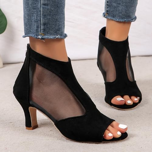 RTPR Sandalias de tacón alto para mujer, sandalias romanas de moda para mujer, con inserto de malla, puntera abierta, cremallera, tacón alto, calcetines para mujer, Negro , 42 EU