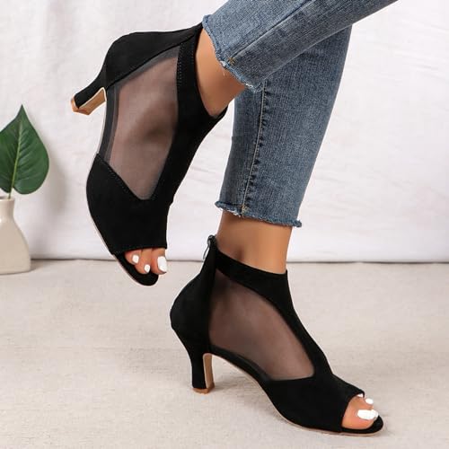 RTPR Sandalias de tacón alto para mujer, sandalias romanas de moda para mujer, con inserto de malla, puntera abierta, cremallera, tacón alto, calcetines para mujer, Negro , 42 EU