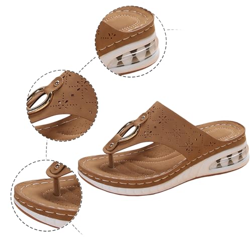 RTPR Sandalias de verano para mujer, sandalias informales de tacón para mujer, patrón de moda, simple monocolor, cómodas, con cuña, ligeras, chanclas abiertas, sandalias abiertas para mujer, marrón,