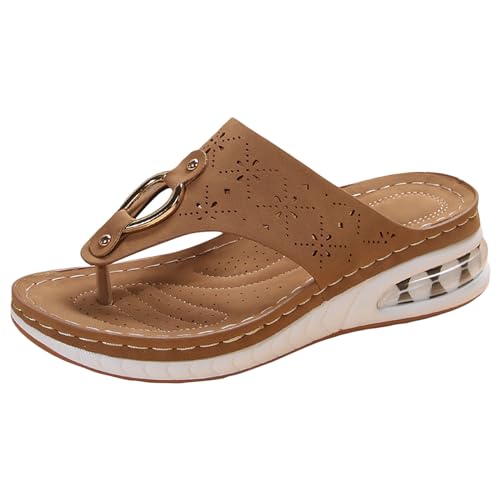 RTPR Sandalias de verano para mujer, sandalias informales de tacón para mujer, patrón de moda, simple monocolor, cómodas, con cuña, ligeras, chanclas abiertas, sandalias abiertas para mujer, marrón,