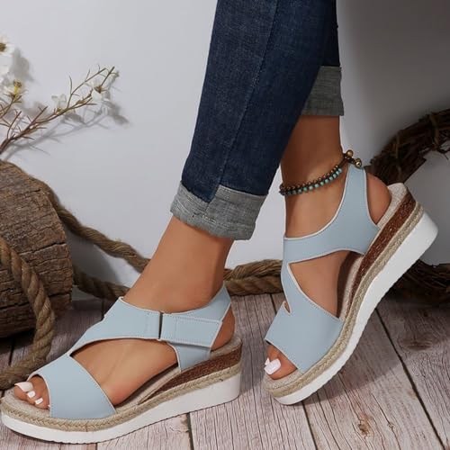 RTPR Sandalias para mujer, sandalias de verano, sandalias de tiras grandes con suelas gruesas, sandalias bohemias de playa con cuña para mujer zapatos brillantes, azul, 42 EU