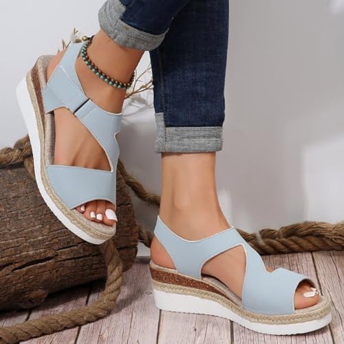 RTPR Sandalias para mujer, sandalias de verano, sandalias de tiras grandes con suelas gruesas, sandalias bohemias de playa con cuña para mujer zapatos brillantes, azul, 42 EU