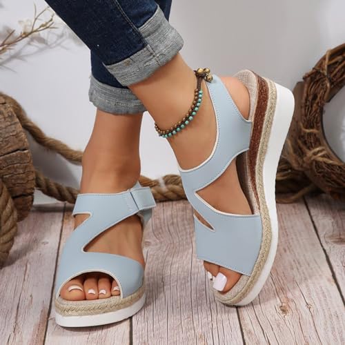 RTPR Sandalias para mujer, sandalias de verano, sandalias de tiras grandes con suelas gruesas, sandalias bohemias de playa con cuña para mujer zapatos brillantes, azul, 42 EU