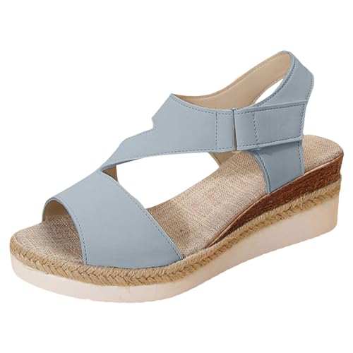 RTPR Sandalias para mujer, sandalias de verano, sandalias de tiras grandes con suelas gruesas, sandalias bohemias de playa con cuña para mujer zapatos brillantes, azul, 42 EU