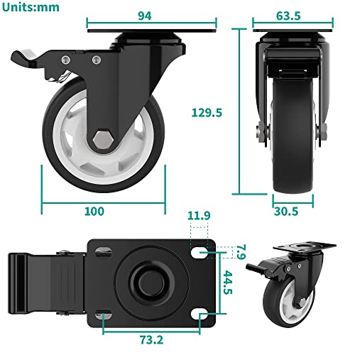 Ruedas giratorias 100 mm Ruedas de alta resistencia Ruedas con freno de seguridad Ruedas para muebles pesados Capacidad total 600 KG por juego de 4 (2 con freno y 2 sin freno)