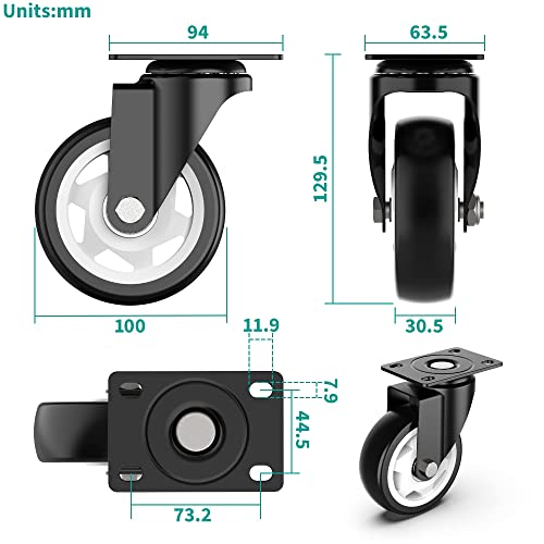 Ruedas giratorias 100 mm Ruedas de alta resistencia Ruedas con freno de seguridad Ruedas para muebles pesados Capacidad total 600 KG por juego de 4 (2 con freno y 2 sin freno)