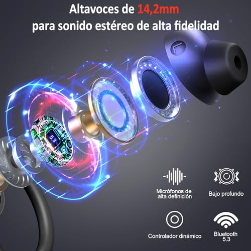 Rulefiss Auriculares Inalambricos Deportivos, Auriculares Bluetooth 5.3, 48H HiFi Estéreo, ENC Cancelacion Ruido, IP7 Impermeable Cascos Carga Rápida Tipo-C, Auriculares Running