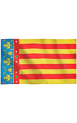 Runesol Bandera de la Región de Valencia, 91x152cm, 3ft x 5ft, Bandera Valenciana, 4 Ojales, Ojal en las Esquinas, Senyera Coronada, Reial Senyera, Banderas Premium, España, Interior, Exterior