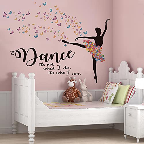 Runtoo Calcomanías de arte de pared de bailarina de ballet con citas inspiradoras de flores y mariposas, calcomanías de pared para dormitorio de niñas, decoración de pared