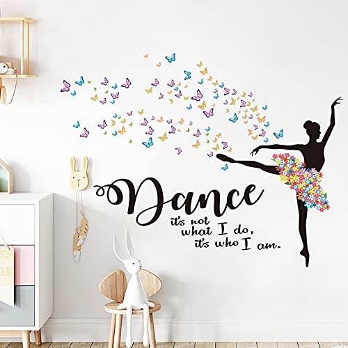 Runtoo Calcomanías de arte de pared de bailarina de ballet con citas inspiradoras de flores y mariposas, calcomanías de pared para dormitorio de niñas, decoración de pared