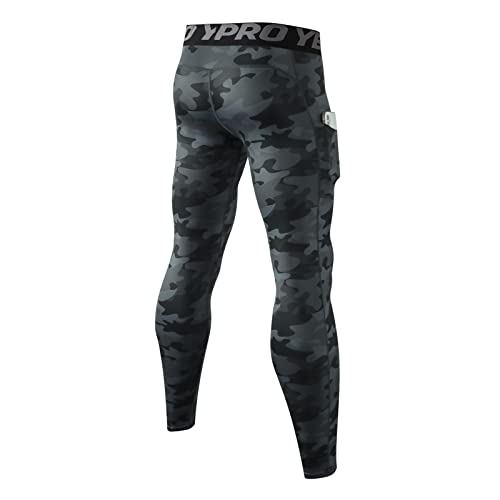 Ruowuhen Leggings Hombre Pantalones Deportivos de Compresión Secado Rápido Mallas Largas con Bolsillos para Running Fitness Yoga Camuflaje Negro XL