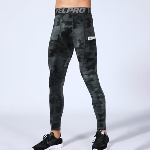 Ruowuhen Leggings Hombre Pantalones Deportivos de Compresión Secado Rápido Mallas Largas con Bolsillos para Running Fitness Yoga Camuflaje Negro XL