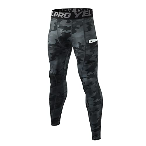 Ruowuhen Leggings Hombre Pantalones Deportivos de Compresión Secado Rápido Mallas Largas con Bolsillos para Running Fitness Yoga Camuflaje Negro XL