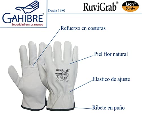 Ruvigrab - Guante de Trabajo de Piel de Flor Natural, Guantes para Jardinería, Guantes de Cuero, Guantes de Piel para Obra, Talla 10