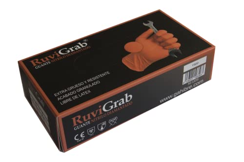 Ruvigrab - Guante de Trabajo Desechable de Nitrilo Diamantado Naranja | Alta resistencia | Guantes para Mecánica, Talleres, Industria, Construcción y Química | Libre de Látex