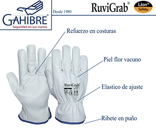 RuviGrab - Guante de Trabajo Piel de Flor de Vacuno Natural | Guantes para Jardinería | Guantes de Cuero | Guantes de Piel para Obra | Talla 7