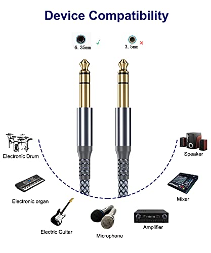 RUXELY Cable Instrumento 6.35mm TRS 3M 2-Pack,Lead Balanceado Audio Estéreo 1/4 Pulgadas Macho 6.3 Jack,Cord 6.35 para Guitarra Eléctrica,Bajo,Teclado,Mezclador,Amplificador Amp,Altavoz