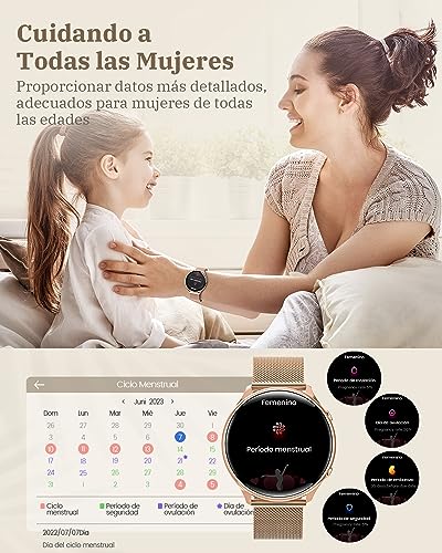 RUXINGX Reloj Inteligente Mujer con Llamada 5.3, Smartwatch Mujer Seguimiento del Periodo, 120+ Modos Deportes, Pulsómetro, SpO2, Monitor Sueño, Podómetro para Android iOS Oro, Regalo Mujer