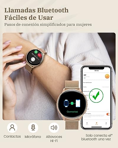 RUXINGX Reloj Inteligente Mujer con Llamada 5.3, Smartwatch Mujer Seguimiento del Periodo, 120+ Modos Deportes, Pulsómetro, SpO2, Monitor Sueño, Podómetro para Android iOS Oro, Regalo Mujer