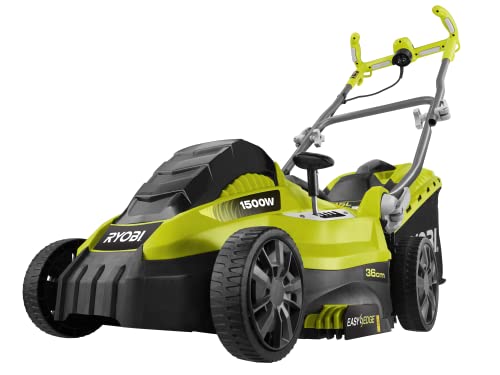 RYOBI - Cortacésped Eléctrico 1500 W de 36cm - Recogida y Mulching - Altura Ajustable 5 Posiciones - Manillar Ajustable y Parachoques Incorporado - Recogedor Easy Edge y Bolsa 45l Incluida - RLM15E36H