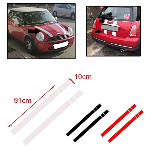 RZL 2pcs Negro Blanco Rojo del coche del vinilo del capo de las rayas de la capilla cubierta de pegatinas de la etiqueta en forma Para el MINI Cooper R50 R53 R56 R55 Etiquetas engomadas del estilo del