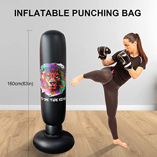 Saco de Boxeo de Pie, LncBoc 160cm/63'' Saco de Boxeo Hinchable de Pie, PVC Fitness Boxeo Inflable Saco de Arena Columna Tumbler Saco de Arena para Niños Adultos(Negro)