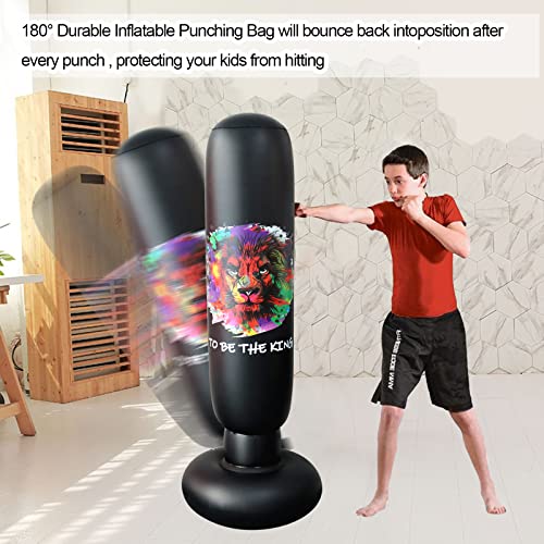 Saco de Boxeo de Pie, LncBoc 160cm/63'' Saco de Boxeo Hinchable de Pie, PVC Fitness Boxeo Inflable Saco de Arena Columna Tumbler Saco de Arena para Niños Adultos(Negro)