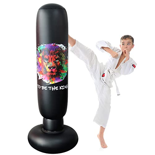 Saco de Boxeo de Pie, LncBoc 160cm/63'' Saco de Boxeo Hinchable de Pie, PVC Fitness Boxeo Inflable Saco de Arena Columna Tumbler Saco de Arena para Niños Adultos(Negro)