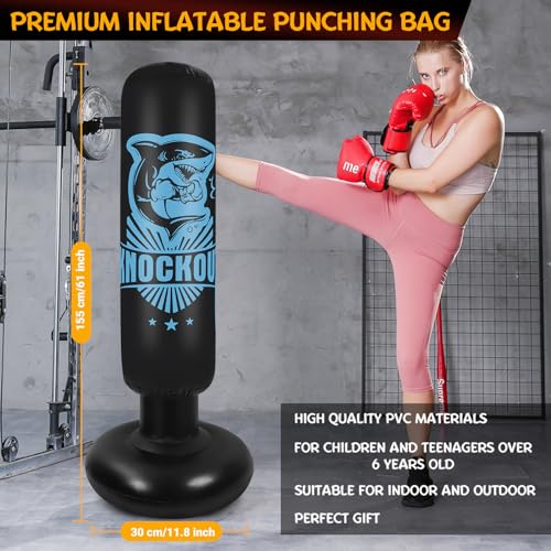 Saco de Boxeo Hinchable de Niños, Saco de Arena Inflable de Pie para Practicar Karate, con Bomba de Aire Incluida, Tumbler Saco de Arena Adultos, para Practicar Taekwondo, Artes Marciales (155CM)